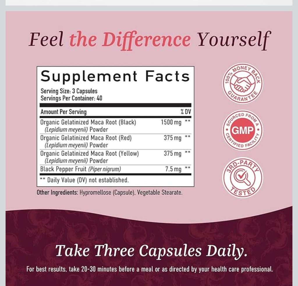 Cápsulas de raíz de maca orgánica para mujeres | Maca peruana 2250 mg extra fuerte | Polvo de raíz roja, negra y amarilla con pimienta negra | Suplemento de hierbas para apoyar el equilibrio